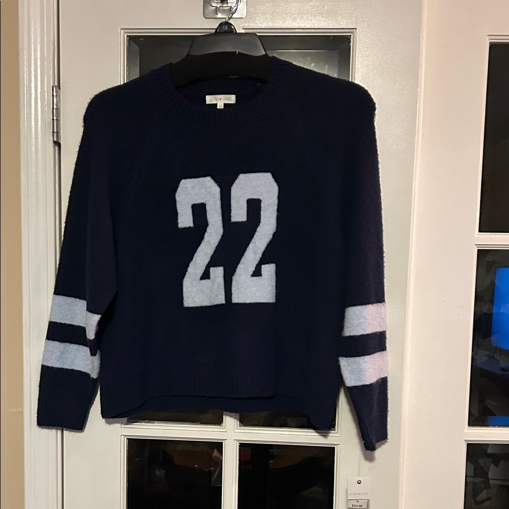 Ultra Flirt Navy Blue Sweater with White Accents “22” Cute & Comfy NWT